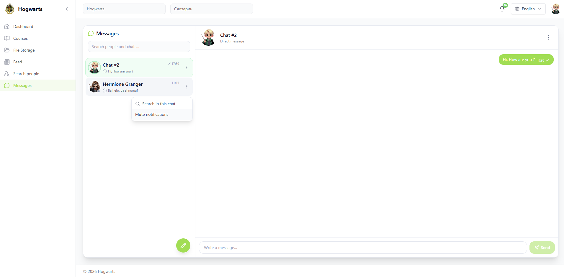 Messaging — SirLand learner workspace — courses, tasks, chat, files