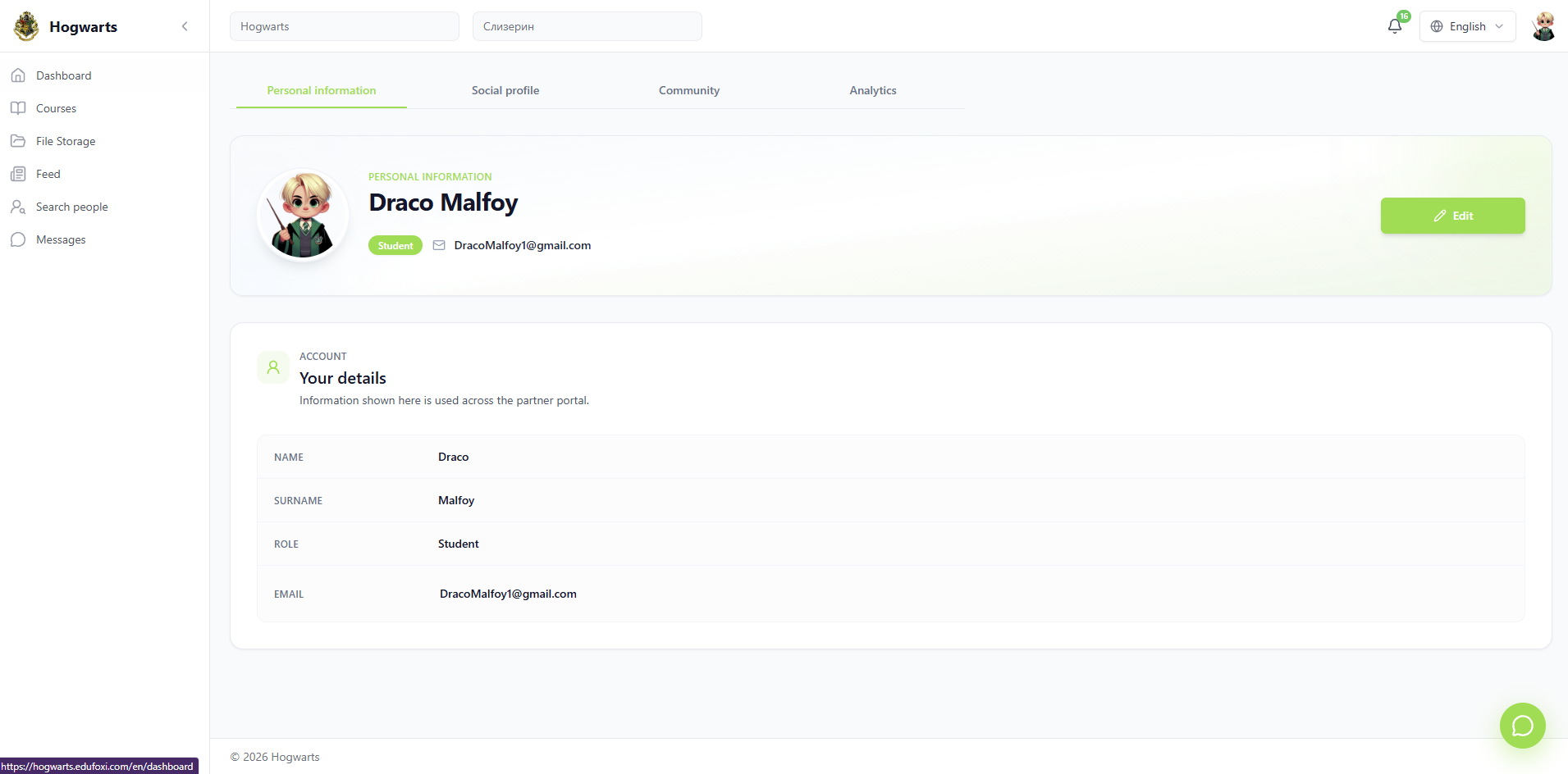 Account — SirLand learner workspace — courses, tasks, chat, files