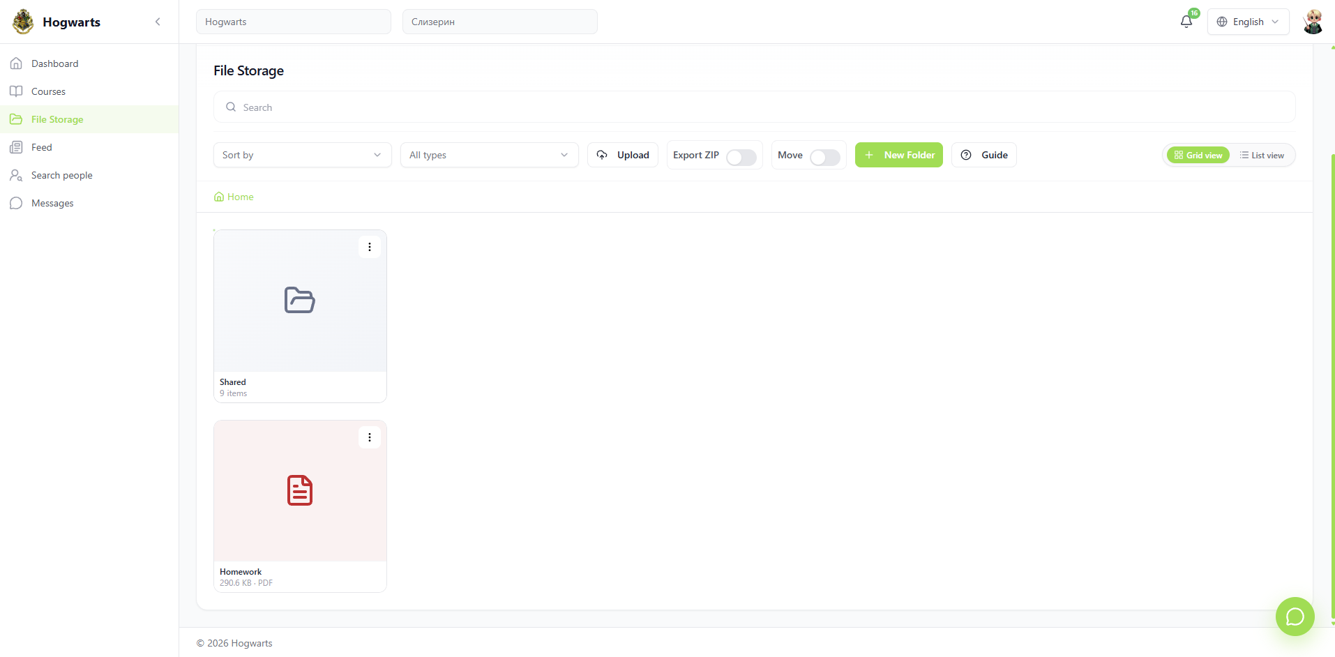 Storage — file actions — SirLand learner workspace — courses, tasks, chat, files