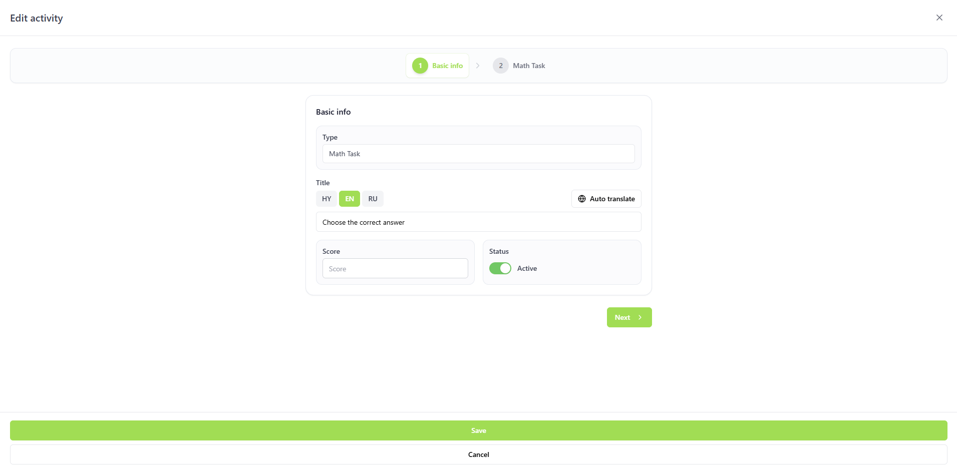 Authoring — step 1 — SirLand school console — content, classes, roles, analytics