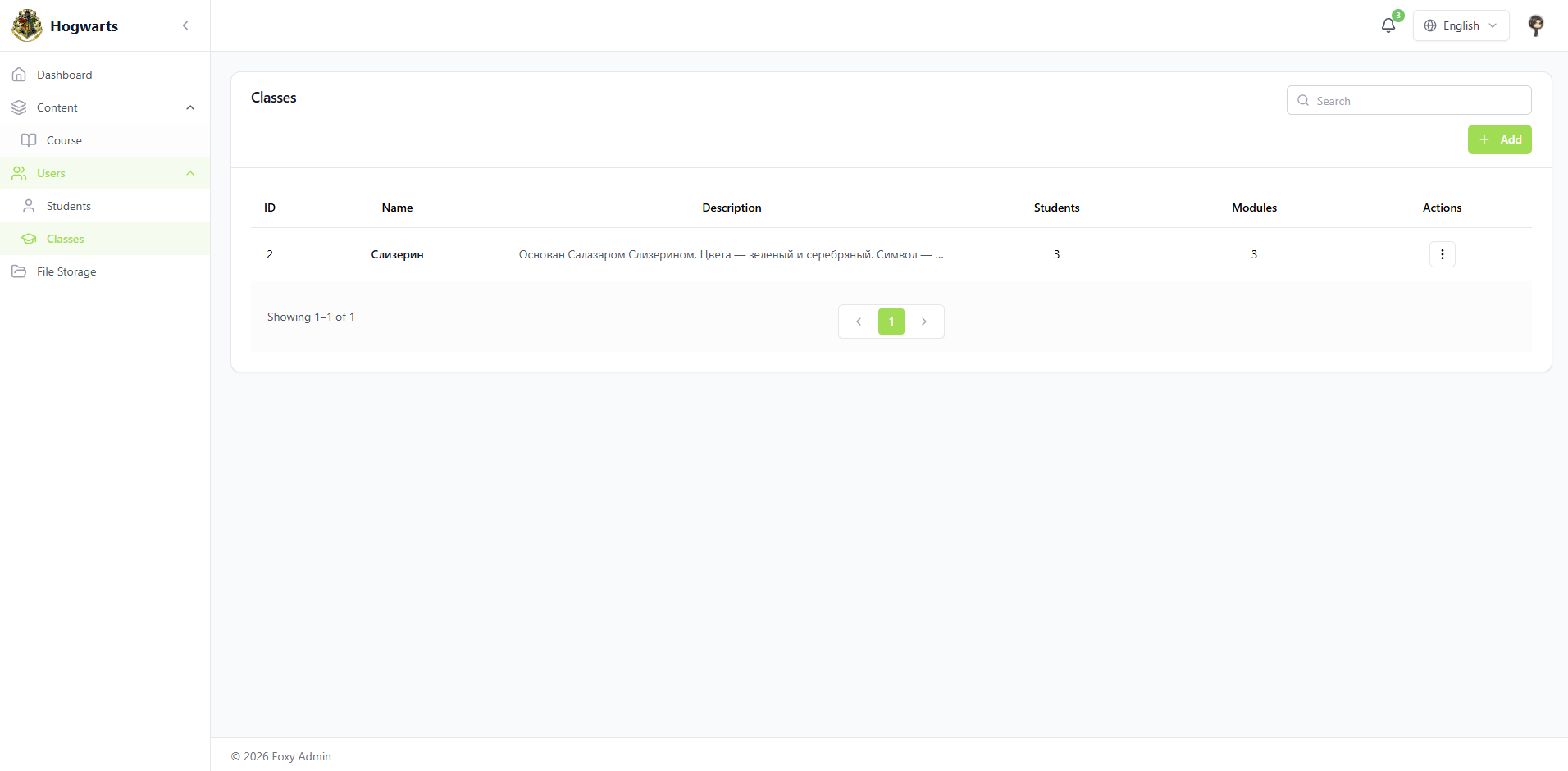 Classes — SirLand school console — content, classes, roles, analytics