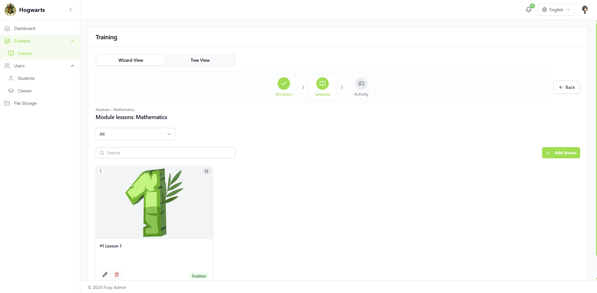 Lessons — SirLand school console — content, classes, roles, analytics