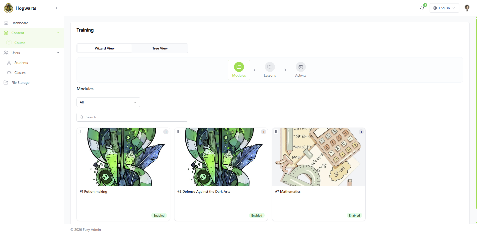 Course subjects — SirLand school console — content, classes, roles, analytics