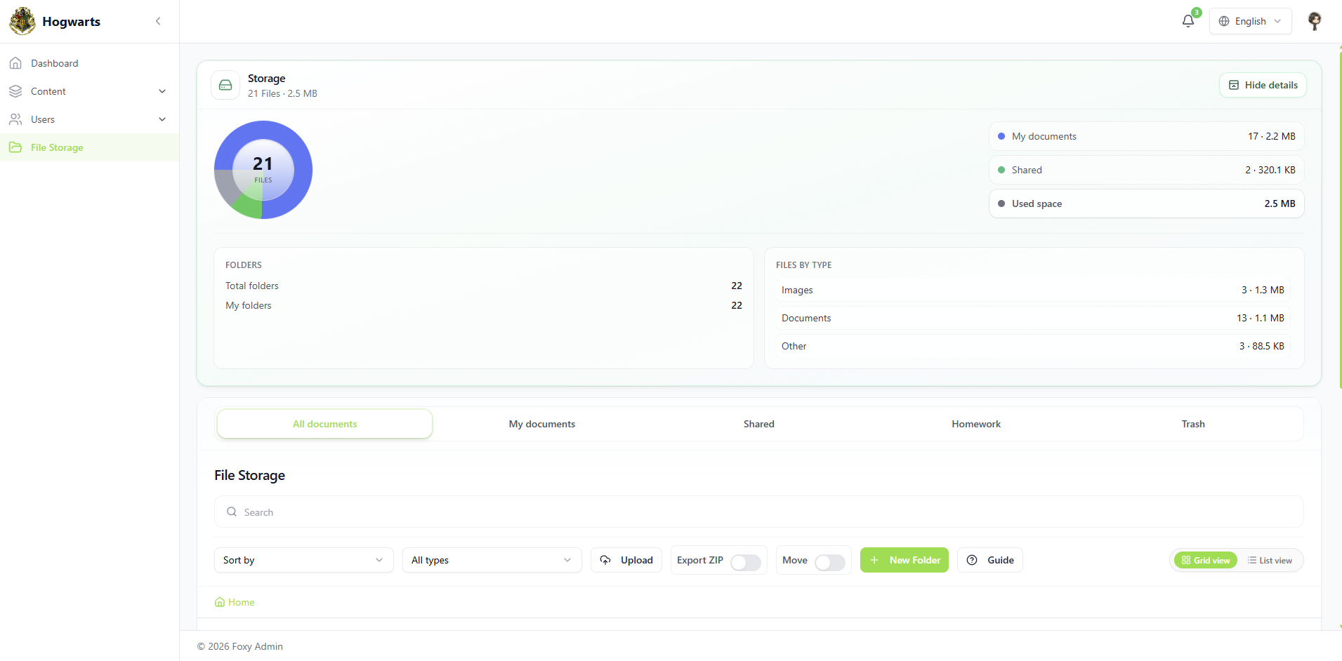 Storage — SirLand school console — content, classes, roles, analytics